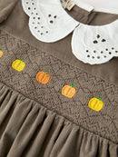 Fall Girls Pumpkin Smocked Eyelet Collar Corduroy Dress