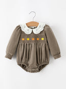 Fall Baby Girls Pumpkin Smocked Eyelet Collar Romper