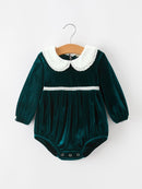 Baby Girls Emerald Green Velvet Peter Pan Collar Christmas Romper