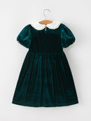 Girls Emerald Green Velvet Lace Collar Christmas Dress