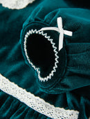 Girls Emerald Green Velvet Lace Collar Christmas Dress