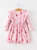 Christmas Tree Print Girls Pink Ruffle Long Sleeve Dress