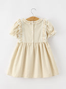 Girls Goose Embroidered Beige Plaid Ruffle Dress