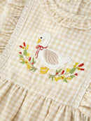 Girls Goose Embroidered Beige Plaid Ruffle Dress