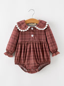 Baby Girls Brown Plaid Floral Lace Collar Romper