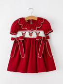 Girls Christmas Reindeer Smocked Red Bow Dress