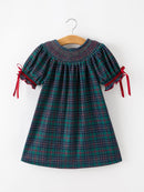 Christmas Girls Plaid Smocked Dres Puff Sleeves