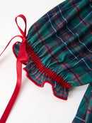 Christmas Girls Plaid Smocked Dres Puff Sleeves