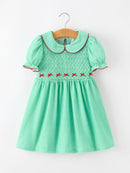 Christmas Girls Green Plaid Smocked Bow Peter Pan Collar Dress