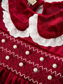Christmas Burgundy Velvet Girls Smocked Pearl Lace Collar Dress
