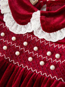 Christmas Burgundy Velvet Baby Girl Smocked Pearl Romper