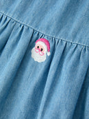 Christmas Santa Embroidered Girls Denim Dress