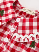 Christmas Tree Embroidered Red Plaid Baby Girls Ruffle Collar Romper