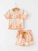 Thanksgiving Pumpkin Patchwork Girls Top And Shorts Outfit