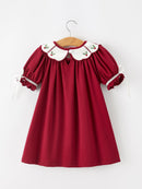 Christmas Holly Embroidered Girls Dress Petals Collar Puff Sleeve