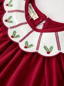 Christmas Holly Embroidered Girls Dress Petals Collar Puff Sleeve