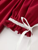 Christmas Holly Embroidered Girls Dress Petals Collar Puff Sleeve