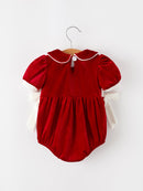 Christmas Velvet Baby Romper Smocked Embroidery Bow