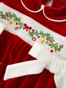 Christmas Velvet Baby Romper Smocked Embroidery Bow