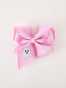 Halloween Girls Pink Ghost Embroidered 6.25" Hair Bow