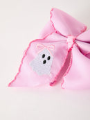 Halloween Girls Pink Ghost Embroidered 6.25" Hair Bow