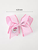 Girls' Christmas Santa Embroidered 6.25" Hair Bow – White/Pink