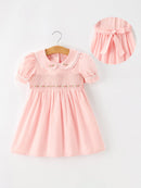 Fall Girls Pink Floral Embroidered Smocked Peter Pan Collar Dress