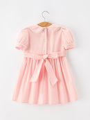 Fall Girls Pink Floral Embroidered Smocked Peter Pan Collar Dress