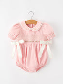 Fall Baby Girls Pink Floral Embroidered Smocked Bow Bubble Romper