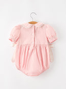 Fall Baby Girls Pink Floral Embroidered Smocked Bow Bubble Romper