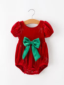 Baby Girls Christmas Red Velvet Rhinestone Bow Bubble Romper