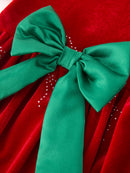 Baby Girls Christmas Red Velvet Rhinestone Bow Bubble Romper