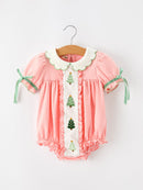 Christmas Baby Girls Pink Christmas Tree Embroidered Ruffle Romper