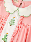 Christmas Girls Pink Christmas Tree Embroidered Ruffle Dress