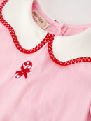 Christmas Girls Pink Candy Cane Embroidered Peter Pan Collar Dress