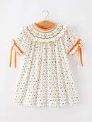 Halloween Pumpkin Smocked Girls Dress Polka Dot Ruffle Sleeve