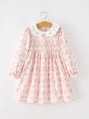 FALL Girls Pink Floral Embroidered Collar Smocked Dress