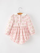 FALL Baby Girls Pink Floral Embroidered Collar Smocked Romper