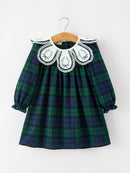 Christmas Girls Green & Navy Plaid Embroidered Collar Dress
