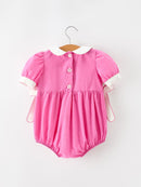 FALL Girls Hot Pink Floral Smocked Bow Bubble Romper