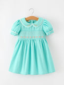 FALL Girls Aqua Floral Embroidered Smocked Dress