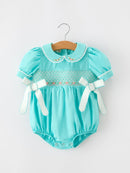 FALL Girls Aqua Smocked Floral Bow Bubble Romper