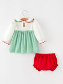Baby Girls Christmas Green Plaid Embroidered Dress Top & Bloomer Set