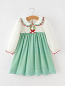 Girls Christmas Green Plaid Embroidered Long Sleeve Dress