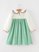 Girls Christmas Green Plaid Embroidered Long Sleeve Dress