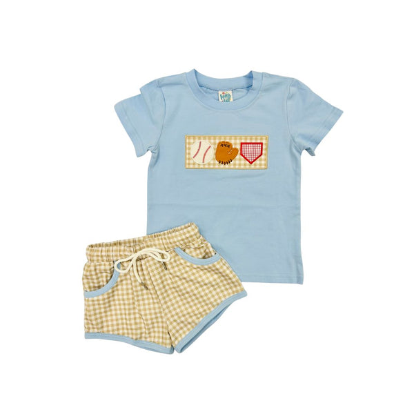 Funfetti Kids Baseball Applique Gingham Short Set