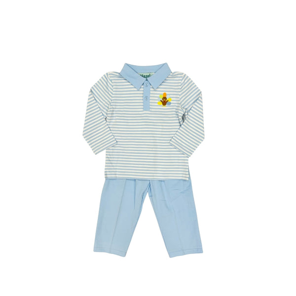 Hazel Blue Blue Stripe Collared Turkey Applique Pant Set