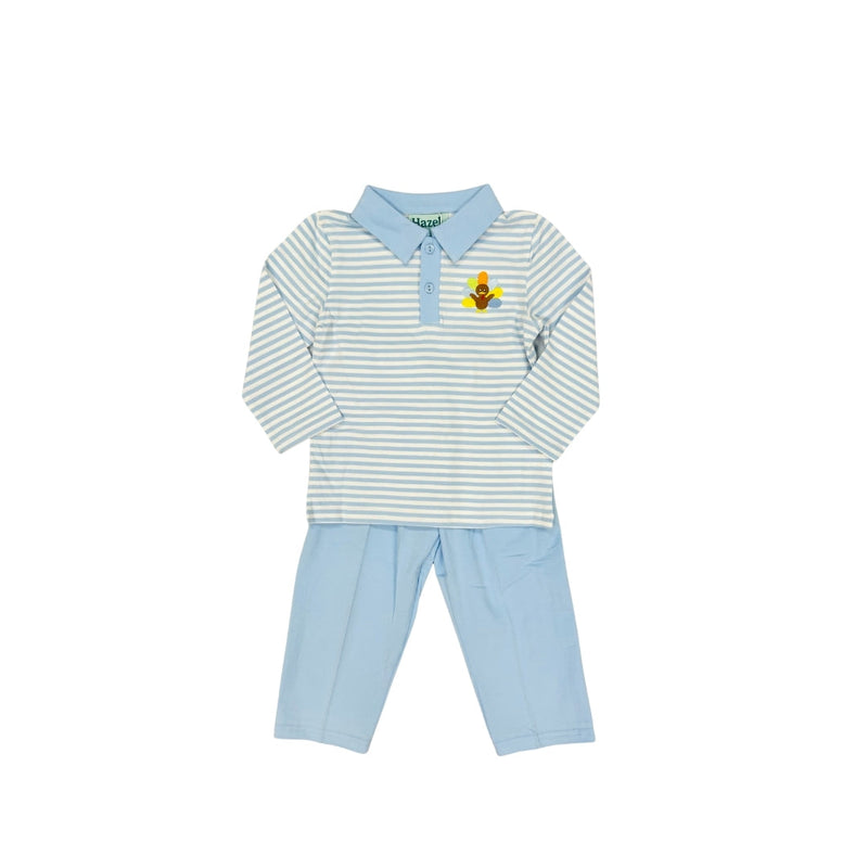 Hazel Blue Blue Stripe Collared Turkey Applique Pant Set