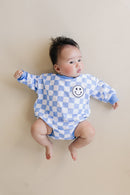 Bubble Romper | Checkered Smiley Blue