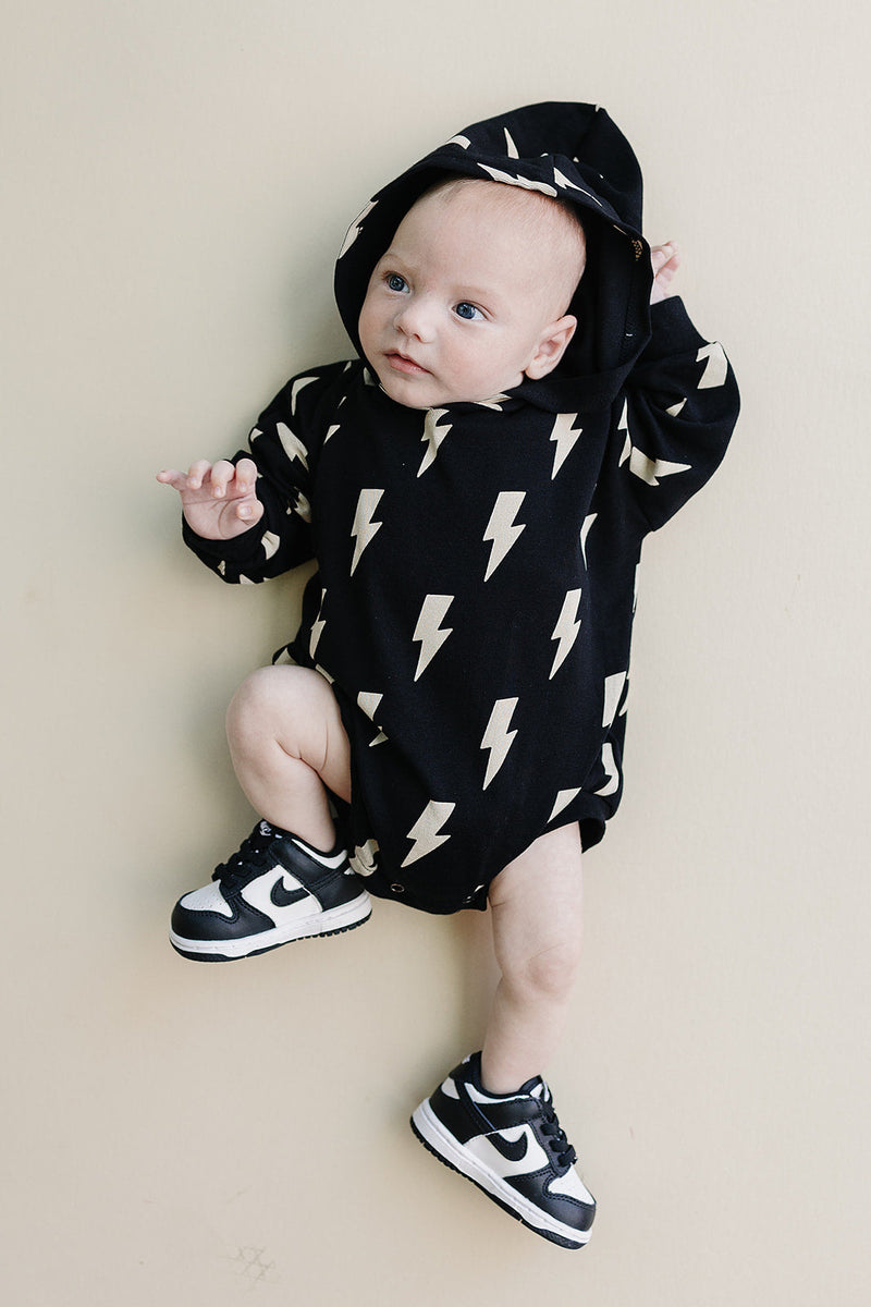Hooded Bubble Romper  |  Black Bolts